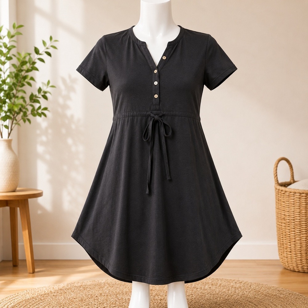 NWT Cupshe Henley Mini Dress Womens XS Black Short Sleeve Drawstring‎ Waist 2237